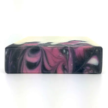 Load image into Gallery viewer, Black Raspberry Artisan Soap drop swirl design in raspberry, black, and white