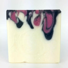 Load image into Gallery viewer, Black Raspberry Artisan Soap drop swirl design in raspberry, black, and white